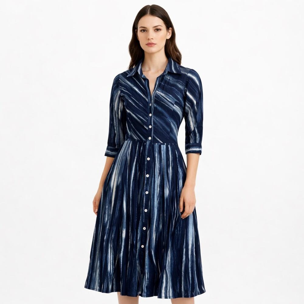 Samantha Sung Audrey Button Front Shirt Dress Blue Abstract Striped Size 6